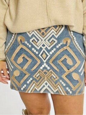 Savanna Jane Blue Embroidered Geo Mini Skirt with Tan & White Accents